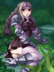 Rule 34 | 1girl, agrias oaks, armor, ass, blonde hair, blush, boots, breasts, covered erect nipples, female focus, final fantasy, final fantasy tactics, gauntlets, gloves, headband, large breasts, long hair, nature, no panties, outdoors, purple eyes, skirt, solo, squire (fft), sweat, thighhighs, torigoe takumi