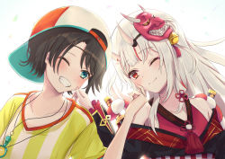 Rule 34 | 2girls, ;), ;d, bad id, bad pixiv id, bare shoulders, baseball cap, bell, black hair, blue eyes, blush, cheek pinching, collarbone, grin, hair bell, hair ornament, hand on another&#039;s cheek, hand on another&#039;s face, hand up, hat, highres, hololive, horns, inaka 44, japanese clothes, jewelry, katana, kimono, long hair, looking at viewer, mask, mask on head, multicolored hair, multiple girls, nakiri ayame, nakiri ayame (1st costume), necklace, obi, off shoulder, one eye closed, oni, oozora subaru, oozora subaru (1st costume), open mouth, pinching, red eyes, sash, shirt, skin-covered horns, smile, streaked hair, striped clothes, striped shirt, sword, upper body, virtual youtuber, weapon, yuri
