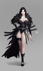 Rule 34 | 1girl, black feathers, black hair, breasts, bug, butterfly, cleavage, concept art, contrapposto, crossed ankles, dongho kang, facing viewer, feather trim, feathers, forehead, hand on own hip, highres, insect, jewelry, katana, large breasts, leotard, lips, long legs, looking at viewer, multiple swords, necklace, nose, original, realistic, sheath, sheathed, smoking pipe, solo, standing, strapless, strapless leotard, sword, sword behind back, weapon