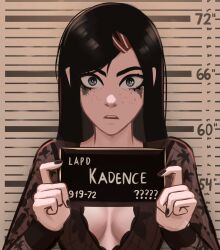 Rule 34 | 1girl, barbie mugshot (meme), black hair, black nails, blue eyes, breasts, character name, cleavage, floral print shirt, freckles, hair ornament, hairclip, height chart, height mark, highres, holding, holding sign, kadence (veyonis), lace shirt, lace trim, long hair, looking at viewer, makeup, mascara, medium breasts, meme, mugshot, nameplate, nervous, original, plunging neckline, runny makeup, see-through, sign, straight hair, surprised, upper body, veyonis, wide-eyed