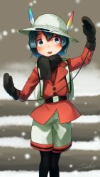 Rule 34 | 10s, 1girl, :d, adapted costume, backpack, bag, belt, black mittens, black pantyhose, black scarf, blue hair, coat, commentary request, cowboy shot, eyebrows visible through hat, hat, hat feather, helmet, highres, jacket, kaban (kemono friends), kemono friends, long sleeves, looking at viewer, mittens, open mouth, pantyhose, pantyhose under shorts, pith helmet, red jacket, scarf, short hair, shorts, signature, smile, snow, solo, welt (kinsei koutenkyoku), white hat, white shorts, winter clothes