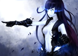 Rule 34 | 10s, 1girl, abyssal ship, aqua eyes, bad id, bad pixiv id, black hair, blue eyes, breasts, clenched hand, clenched teeth, colored skin, frown, gauntlets, glowing, glowing eyes, gradient background, hime cut, kantai collection, light cruiser oni, long hair, monochrome, navel, no bra, open clothes, open shirt, pointing, sailor collar, school uniform, serafuku, shirt, sleeveless, sleeveless shirt, solo, teeth, upper body, very long hair, weasel (close-to-the-edge), white skin