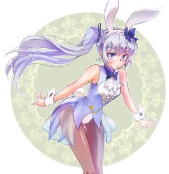 Rule 34 | 1girl, animal ears, arms at sides, bare arms, blue eyes, bow, bowtie, center frills, cowboy shot, fake animal ears, frills, gluteal fold, iesupa, leotard, long hair, pantyhose, rabbit ears, rwby, scar, scar across eye, scar on face, side ponytail, silver hair, solo, unmoving pattern, weiss schnee