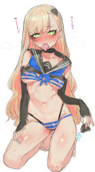 Rule 34 | 1girl, bikini, blonde hair, blush, borrowed character, breasts, breath, bug, choker, condom, condom in mouth, condom wrapper, detached sleeves, green eyes, hair between eyes, hair ornament, hairclip, heavy breathing, highres, insect hair ornament, long hair, matangomu-chan, mouth hold, navel, original, pillbug, school uniform, seiza, serafuku, simple background, sitting, sketch, small breasts, suisogenshi, swimsuit, white background