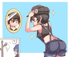 Rule 34 | 1boy, 1girl, ass, bare shoulders, black hair, blue hair, blush, breasts, cabbie hat, cougar (cougar1404), from behind, hat, leaning, leaning forward, mirror, nari (cougar1404), orange eyes, original, overalls, shiny clothes, shiny skin, short hair, short shorts, shorts, sideboob, suspenders, yellow eyes