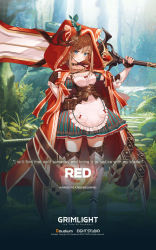 Rule 34 | 1girl, artist request, blue eyes, boots, brown hair, character name, cloak, copyright name, dress, greatsword, grimlight, highres, holding, holding weapon, little red riding hood, long hair, looking at viewer, official art, red (grimlight), red cloak, solo, striped clothes, striped dress, sword, thigh boots, vertical-striped clothes, vertical-striped dress, weapon