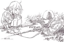 Rule 34 | 1boy, 1girl, :d, aiming, brown theme, closed mouth, dated, dot nose, fingerless gloves, gloves, grass, gun, hair ornament, hair scrunchie, helmet, horikou, jacket, kagamihara nadeshiko, long hair, lying, manly, military, military jacket, military uniform, monochrome, on stomach, open mouth, real life, rifle, scrunchie, shoes, signature, skirt, smile, sniper rifle, soldier, soviet, soviet army, squatting, uniform, weapon, yurucamp
