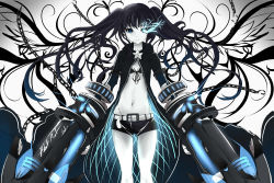 Rule 34 | 10s, 1girl, arm cannon, bad id, bad pixiv id, bikini, bikini top only, black hair, black rock shooter, black rock shooter (character), blue eyes, chain, faefaea, highres, jacket, monochrome, navel, scar, short shorts, shorts, solo, spot color, star (symbol), swimsuit, twintails, weapon