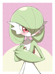 Rule 34 | absurdres, blush, border, colored skin, commentary request, covering privates, covering chest, creatures (company), embarrassed, game freak, gardevoir, gen 3 pokemon, green hair, hands up, highres, looking away, nintendo, open mouth, pokemon, pokemon (creature), red eyes, shabana may, solo, tongue, white border, white skin