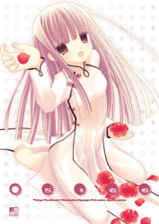 Rule 34 | 1girl, :o, blunt bangs, china dress, chinese clothes, dress, flower, full body, kurasawa kyoushou, long hair, long sleeves, looking at viewer, open mouth, original, pink hair, red flower, red rose, rose, see-through, seiza, simple background, sitting, solo, very long hair, white background, white dress