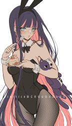 Rule 34 | 1girl, animal ears, artist name, bare shoulders, black bow, black bowtie, black leotard, blush, bow, bowtie, breasts, cake, cleavage, cowboy shot, criis-chan, detached collar, detached sleeves, fake animal ears, food, holding, holding plate, holding spoon, large breasts, leotard, long hair, looking at viewer, multicolored hair, panty &amp; stocking with garterbelt, pantyhose, plate, playboy bunny, rabbit ears, rabbit tail, solo, spoon, stocking (psg), strapless, strapless leotard, stuffed animal, stuffed cat, stuffed toy, tail, thigh gap, two-tone hair, wrist cuffs