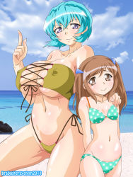 Rule 34 | 2girls, age difference, bare shoulders, beach, bikini, blue hair, brabustersystem, breasts, brown eyes, brown hair, bursting breasts, cloud, collarbone, day, covered erect nipples, flat chest, hand on shoulder, height difference, huge breasts, large breasts, magutan, multiple girls, navel, outdoors, polka dot, polka dot bikini, polka dot swimsuit, purple eyes, side-tie bikini bottom, size difference, smile, swimsuit, water