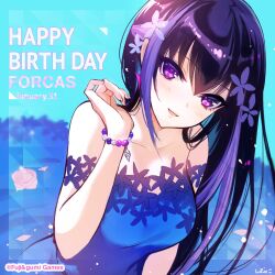 1girl aqua_background artist_name black_hair blue_dress bracelet character_name commentary_request copyright_notice dated dress forcas hair_between_eyes hand_up happy_birthday highres jewelry long_hair looking_at_viewer off-shoulder_dress off_shoulder official_art phantom_of_the_kill purple_eyes purple_hair second-party_source shibuhiko signature simple_background solo upper_body