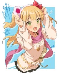 Rule 34 | 1girl, :d, animal ears, bad id, bad twitter id, beige sweater, blonde hair, blue background, blush, fake animal ears, fang, hairband, heart o-ring, idolmaster, idolmaster cinderella girls, jewelry, jougasaki rika, necklace, open mouth, p-head producer, pink scarf, producer (idolmaster), scarf, smile, solo, translation request, two side up, yellow eyes, zattape