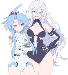 Rule 34 | 2girls, bare shoulders, black heart (neptunia), blanc (neptunia), blue eyes, blue hair, blush, breasts, cleavage, covered navel, crossed arms, gloves, hand on another&#039;s head, hand on own hip, leotard, long hair, looking at viewer, medium breasts, multiple girls, neptune (series), noire (neptunia), power symbol, power symbol-shaped pupils, red eyes, short hair with long locks, sidelocks, symbol-shaped pupils, twintails, up (mmmmmmmmss), very long hair, white hair, white heart (neptunia)