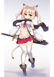 Rule 34 | 1girl, animal ears, belt, blush, boots, border, cat ears, cat tail, full body, gradient background, highres, kutan, long hair, looking at viewer, midriff, navel, pixiv fantasia, pixiv fantasia last saga, pleated skirt, red skirt, scarf, skirt, smile, solo, sword, tail, thighhighs, twintails, weapon, white border, white thighhighs