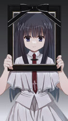 Rule 34 | 1girl, absurdres, black bow, black hair, blue eyes, blunt bangs, blunt ends, bow, capelet, closed mouth, collared shirt, commentary, cowboy shot, cross print, eyes visible through hair, gradient background, grey background, hands up, highres, holding frame, iei, light smile, long hair, looking at viewer, mahigu re, necktie, picture frame, print necktie, red necktie, school uniform, shirt, sidelocks, simple background, skirt, solo, split mouth, straight-on, straight hair, subarashiki hibi, takashima zakuro, white capelet, white shirt, white skirt