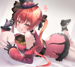 Rule 34 | 1girl, bare shoulders, black footwear, black gloves, black necktie, breast press, breasts, cleavage, detached sleeves, dodota, dress, flower, frilled dress, frills, gloves, hair ribbon, hat, hat flower, heart, heterochromia, highres, hololive, houshou marine, houshou marine (gothic lolita), large breasts, leg up, lolita fashion, long hair, long sleeves, looking at viewer, lying, necktie, on stomach, pantyhose, pink dress, red eyes, red hair, ribbon, see-through, see-through cleavage, simple background, smile, solo, tongue, tongue out, twintails, virtual youtuber, w, white background, white pantyhose, yellow eyes