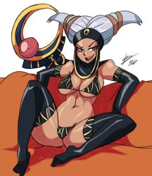 Rule 34 | 1girl, bigdead, bikini, black bikini, black gloves, black thighhighs, breasts, couch, elbow gloves, fang, female focus, gloves, grey eyes, grey hair, highres, hood, kyouryuu sentai zyuranger, large breasts, mighty morphin power rangers, power rangers, scepter, simple background, sitting, smile, solo, spread legs, super sentai, swimsuit, thighhighs, twintails, underboob, witch bandora