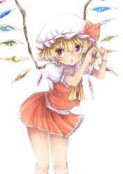 Rule 34 | 1girl, :o, bad id, bad pixiv id, bare legs, blonde hair, blush, flandre scarlet, hat, hat ribbon, heart, heart hands, highres, nyamoya, red eyes, ribbon, short hair, side ponytail, simple background, skirt, solo, touhou, white background, wings