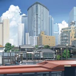 Rule 34 | apartment, architecture, blue sky, boat, building, city, cloud, cloudy sky, day, dock, dog, east asian architecture, highres, kusakabe (kusakabeworks), no humans, original, photo-referenced, pole, real world location, revision, scenery, sky, tokyo (city), tree, watercraft