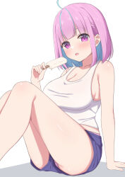 Rule 34 | 1girl, :o, ahoge, bare arms, bare legs, bare shoulders, blue hair, blue shorts, blunt bangs, blush, bob cut, braid, breasts, cleavage, collarbone, colored inner hair, food, highres, hololive, knees up, large breasts, legs, light blue hair, long bangs, looking at viewer, minato aqua, multicolored hair, panties, panty peek, pink eyes, pink hair, pink panties, popsicle, shorts, simple background, sitting, solo, streaked hair, tank top, teeth, thighs, two-tone hair, underwear, virtual youtuber, white background, white tank top