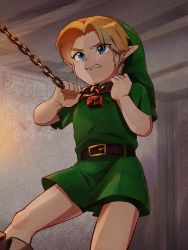 Rule 34 | 1boy, belt, blonde hair, blue eyes, boots, brown footwear, chain, clenched teeth, collar, commentary request, erotani, green hat, green tunic, hat, highres, holding, indoors, link, male focus, nintendo, parted lips, pointy ears, short sleeves, solo, standing, teeth, the legend of zelda, young link