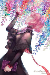 Rule 34 | 10s, 1girl, 2015, arm up, artist name, bad id, bad pixiv id, black dress, book, capelet, dress, dutch angle, flower, frills, from side, holding, holding book, lace, long sleeves, looking up, original, parted lips, pink hair, pixiv fantasia, pixiv fantasia t, profile, red eyes, robinexile, short hair, solo, wisteria
