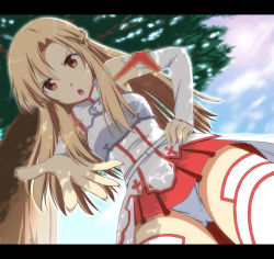 Rule 34 | &gt;:o, 10s, 1girl, :o, armor, asuna (sao), braid, breastplate, brown eyes, brown hair, cloud, day, detached sleeves, from below, hand on own hip, lens flare, letterboxed, long hair, looking at viewer, looking down, nori tamago, open mouth, outstretched hand, panties, pantyshot, perspective, pov, sky, solo, sunlight, sword art online, thighhighs, tree, tree shade, underwear, upskirt, v-shaped eyebrows, white panties, white thighhighs