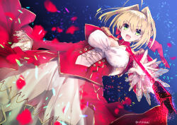 Rule 34 | 10s, 1girl, :d, bad id, bad pixiv id, blonde hair, breasts, cleavage, epaulettes, fate/extra, fate (series), green eyes, hair intakes, looking at viewer, nero claudius (fate), nero claudius (fate) (all), nero claudius (fate/extra), noto kurumi, open mouth, petals, see-through, smile, solo, twitter username
