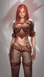 Rule 34 | 1girl, belt, breasts, gradient background, katarina (league of legends), league of legends, lips, long hair, midriff, navel, red hair, since, smile, solo, tattoo