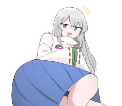 Rule 34 | 1girl, :d, alternate hairstyle, blue eyes, blue skirt, bright pupils, commentary, english commentary, grey hair, hair down, highres, long hair, looking at viewer, mata (matasoup), monochrome, mononobe no futo, open mouth, simple background, skirt, smile, solo, touhou, triangular headpiece, white background, white pupils