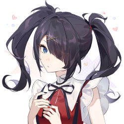 Rule 34 | 1girl, ame-chan (needy girl overdose), black hair, black nails, black ribbon, blue eyes, collared shirt, ershuihe, hair ornament, hair over one eye, hair tie, hairclip, hands up, heart, long hair, looking at viewer, multicolored nails, neck ribbon, needy girl overdose, parted lips, pill, red nails, red shirt, ribbon, shirt, solo, suspenders, twintails, upper body, white background, x hair ornament