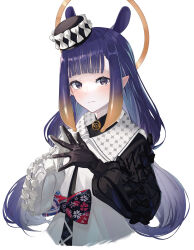 Rule 34 | 1girl, absurdres, asymmetrical gloves, black coat, black gloves, black hat, blunt bangs, blush, center-flap bangs, closed mouth, coat, commentary, cropped torso, dress, embarrassed, gloves, gradient hair, grey eyes, halo, hat, highres, hololive, hololive english, long hair, long sleeves, looking at viewer, low twintails, mismatched gloves, mole, mole under eye, multicolored coat, multicolored hair, ninomae ina&#039;nis, ninomae ina&#039;nis (party dress), official alternate hairstyle, orange hair, pointy ears, print dress, puffy long sleeves, puffy sleeves, purple hair, sidelocks, simple background, solo, steepled fingers, tentacle hair, tilted headwear, toga (toganawa), twintails, two-tone coat, very long hair, virtual youtuber, white background, white coat, white gloves