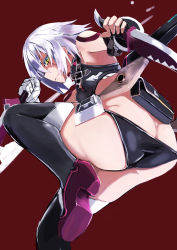 Rule 34 | 1girl, absurdres, ass, bandaged arm, bandages, bare shoulders, black panties, black thighhighs, boots, breasts, butt crack, fate/apocrypha, fate/grand order, fate (series), fingerless gloves, from behind, gloves, green eyes, hair between eyes, highres, holding, holding knife, jack the ripper (fate/apocrypha), knife, looking at viewer, looking back, panties, red background, scar, scar across eye, scar on face, shoes, shoulder tattoo, simple background, small breasts, solo, tattoo, thigh boots, thighhighs, underwear, weapon, yilan un