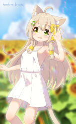 Rule 34 | 1girl, absurdres, ahoge, animal ear fluff, animal ears, arm up, armpits, artist name, bare shoulders, blue sky, blurry, blurry background, blush, bow, brown hair, cat ears, cat girl, cat tail, cloud, collarbone, day, dress, female focus, field, fish hair ornament, flat chest, flower, flower field, green eyes, hair bow, hair ornament, hairclip, hand up, happy, hazakura hinata, heterochromia, highres, long hair, looking at viewer, open mouth, original, outdoors, short dress, sidelocks, signature, sky, sleeveless, sleeveless dress, smile, solo, spaghetti strap, standing, sunflower, sunflower field, tail, waving, white dress, yellow bow, yellow eyes, yellow flower