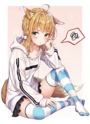 Rule 34 | 1girl, ahoge, animal ears, bad id, bad twitter id, black skirt, blonde hair, blue eyes, blush, breasts, closed mouth, collarbone, drawstring, fox ears, fox girl, fox tail, full body, hair intakes, hair over shoulder, hand up, heterochromia, highres, hood, hood down, hoodie, knee up, long hair, long sleeves, looking at viewer, low twintails, miniskirt, no shoes, original, pleated skirt, pom pom (clothes), r o ha, sitting, skirt, sleeves past wrists, small breasts, solo, spoken squiggle, squiggle, striped clothes, striped thighhighs, tail, thighhighs, thighs, twintails, white hoodie, white thighhighs, yellow eyes, zettai ryouiki