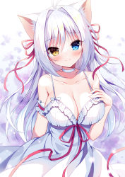 Rule 34 | 1girl, aina rive, animal ears, blue eyes, breasts, cat ears, choker, cleavage, closed mouth, dress, hair ribbon, hand on own chest, heterochromia, highres, large breasts, long hair, looking at viewer, mauve, original, red ribbon, ribbon, sleeveless, sleeveless dress, smile, solo, white dress, white hair, yellow eyes