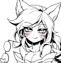 Rule 34 | 1girl, :q, ahri (league of legends), animal ears, bare shoulders, blush, breasts, cleavage, unworn eyewear, facial mark, fox ears, fox girl, greyscale, holding, holding removed eyewear, large breasts, league of legends, long hair, monochrome, phantom ix row, round eyewear, smile, solo, tongue, tongue out, whisker markings
