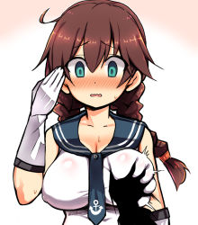 Rule 34 | 10s, 1girl, 2017, ^^^, blue eyes, blush, braid, grabbing another&#039;s breast, breasts, brown hair, commentary request, dated, gloves, grabbing, green eyes, groping, kantai collection, large breasts, long hair, looking at viewer, necktie, nipples, nose blush, noshiro (kancolle), open mouth, richou (zerozero1101), salute, solo focus, surprised, sweatdrop, swept bangs, twin braids, twitter username, upper body, white gloves