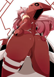 Rule 34 | 10s, 1girl, absurdres, ass, bodysuit, breasts, darling in the franxx, from behind, gloves, green eyes, hairband, highres, horns, huge ass, long hair, looking at viewer, looking back, pink hair, red bodysuit, shiny clothes, solo, yinqianren, zero two (darling in the franxx)