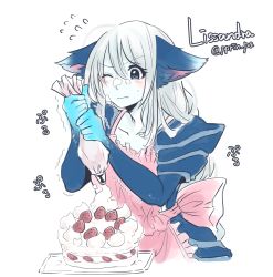 Rule 34 | 1girl, animal ears, apron, blue eyes, blue skin, blush, cake, colored skin, female focus, food, food on face, icing, league of legends, lissandra (league of legends), long hair, otani (kota12ro08), solo, trembling, very long hair, white background