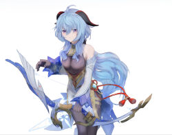 Rule 34 | 1girl, ahoge, amos&#039; bow (genshin impact), bare shoulders, blue hair, bodystocking, bow (weapon), commentary request, cowboy shot, detached sleeves, ganyu (genshin impact), genshin impact, gloves, grey gloves, high-waist skirt, holding, holding bow (weapon), holding weapon, horns, long hair, long sleeves, looking at viewer, purple eyes, simple background, skirt, solo, standing, very long hair, weapon, white background, white skirt, yagidori (yagi futsuki)