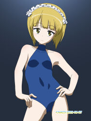 Rule 34 | 1girl, blonde hair, blue one-piece swimsuit, blush, breasts, closed mouth, cutlass (girls und panzer), girls und panzer, highres, looking at viewer, maid headdress, naotosi, one-piece swimsuit, short hair, small breasts, solo, swimsuit, yellow eyes