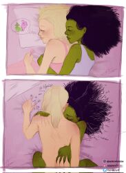 2girls black_hair blonde_hair body_freckles closed_eyes colored_skin elphaba_thropp english_text eyyyjayyyy31 facing_away fingernails freckles from_side glinda green_skin highres multiple_girls pink_tank_top scratches sex sharp_fingernails sleeping smile speech_bubble tank_top thought_bubble wicked yuri