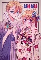 Rule 34 | 1boy, 1girl, 2024, alternate hairstyle, blonde hair, blue bow, blue eyes, blush, bow, brother and sister, chopsticks, commentary request, ema, film grain, floral print, food, food in mouth, hair between eyes, hair bow, hair bun, hair ornament, hand up, highres, holding, holding chopsticks, hoshino aquamarine, hoshino ruby, japanese clothes, kimono, long hair, looking at viewer, mismatched pupils, mochi, nail polish, new year, obi, oshi no ko, pink eyes, print kimono, rabbit hair ornament, red nails, rumic 0620, sash, short hair, siblings, sidelocks, single hair bun, star-shaped pupils, star (symbol), symbol-shaped pupils, translation request, twins, wide sleeves