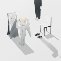 Rule 34 | 1boy, angel wings, asphyxiation, avogado6, business suit, chair, commentary, closed eyes, formal, halo, hanged, mirror, muted color, original, shoes, unworn shoes, smile, suicide, suit, wings