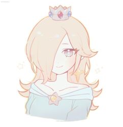 Rule 34 | 1girl, bare shoulders, blonde hair, blue dress, blue eyes, brooch, closed mouth, cropped torso, crown, dress, earrings, hair over one eye, jewelry, long hair, looking at viewer, mario (series), nintendo, off-shoulder dress, off shoulder, oxo xwo, rosalina, smile, solo, star-shaped pupils, star (symbol), star brooch, star earrings, super mario galaxy, symbol-shaped pupils, upper body, white background