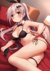 Rule 34 | 1girl, bikini, black bikini, black bow, black bowtie, black ribbon, blush, bow, bowtie, breasts, brown eyes, cleavage, collar, commentary request, detached collar, dutch angle, ezoshika, five-seven (cruise queen) (girls&#039; frontline), five-seven (girls&#039; frontline), fn five-seven, girls&#039; frontline, gun, hair between eyes, hair ornament, hair ribbon, handgun, highres, holding, holding gun, holding weapon, indoors, lamp, long hair, lying, medium breasts, name connection, object namesake, official alternate costume, on bed, on side, pdw-caliber pistol, pistol, ribbon, side-tie bikini bottom, side ponytail, silver hair, skindentation, smile, solo, swimsuit, thigh strap, very long hair, weapon, white collar
