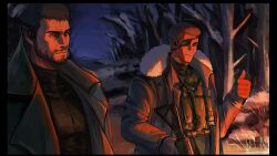 Rule 34 | 2boys, alternate universe, black coat, black hair, black shirt, bomber jacket, canghai, chris redfield, coat, eyepatch, fire, highres, holding, holding weapon, jacket, looking at another, multiple boys, night, open clothes, open coat, outdoors, piers nivans, resident evil, resident evil 6, resident evil village, shirt, short hair, smile, snow, standing, thumbs up, upper body, weapon